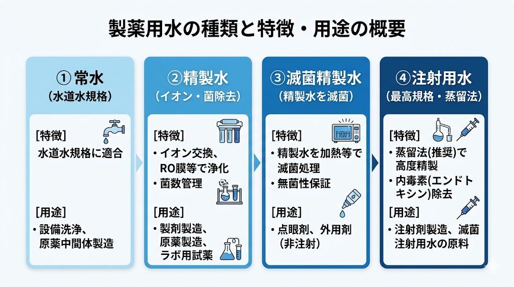 製薬用水（常水・精製水・滅菌精製水・注射用水）の特徴の用途