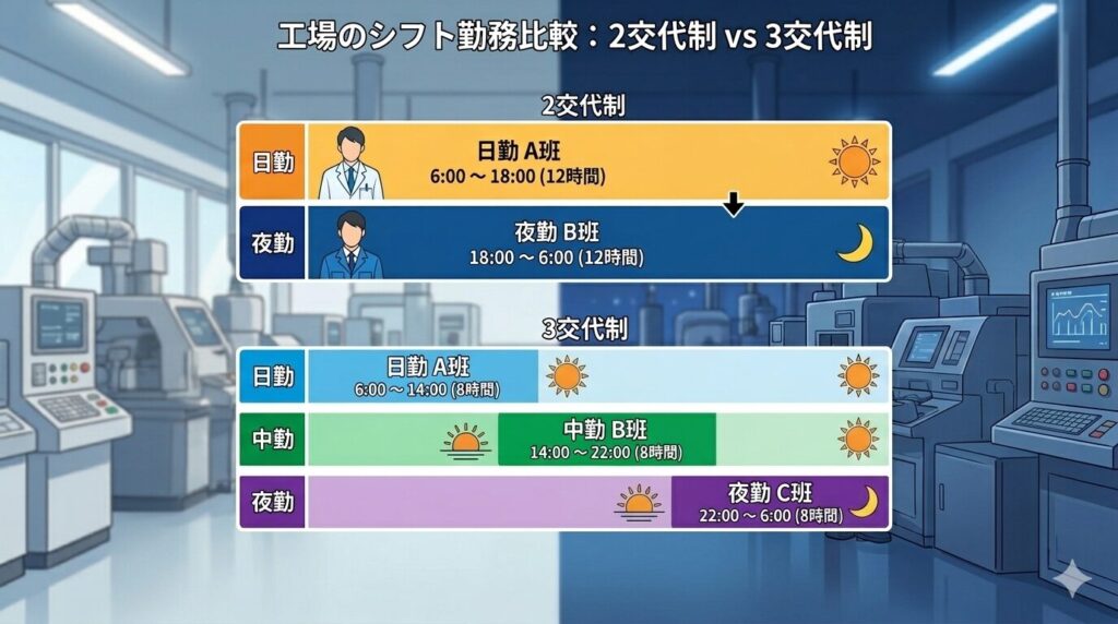 2交代制と3交代制のシフトの例