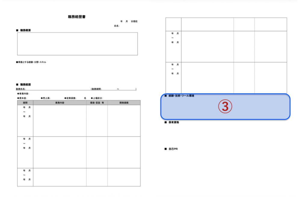 ③経験・技術・ツール環境の欄
