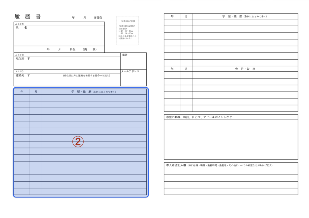 ②学歴・職歴の欄