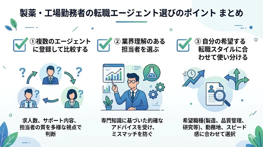 製薬・工場勤務者の転職エージェント選びのポイント